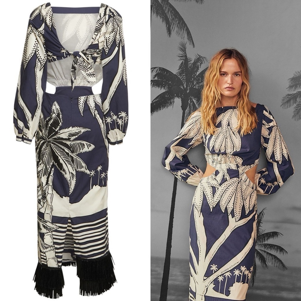 Johanna Ortiz Holistic Jungle Embroidered Midi Dress Navy Ecru 2 EUC - Picture 8 of 9